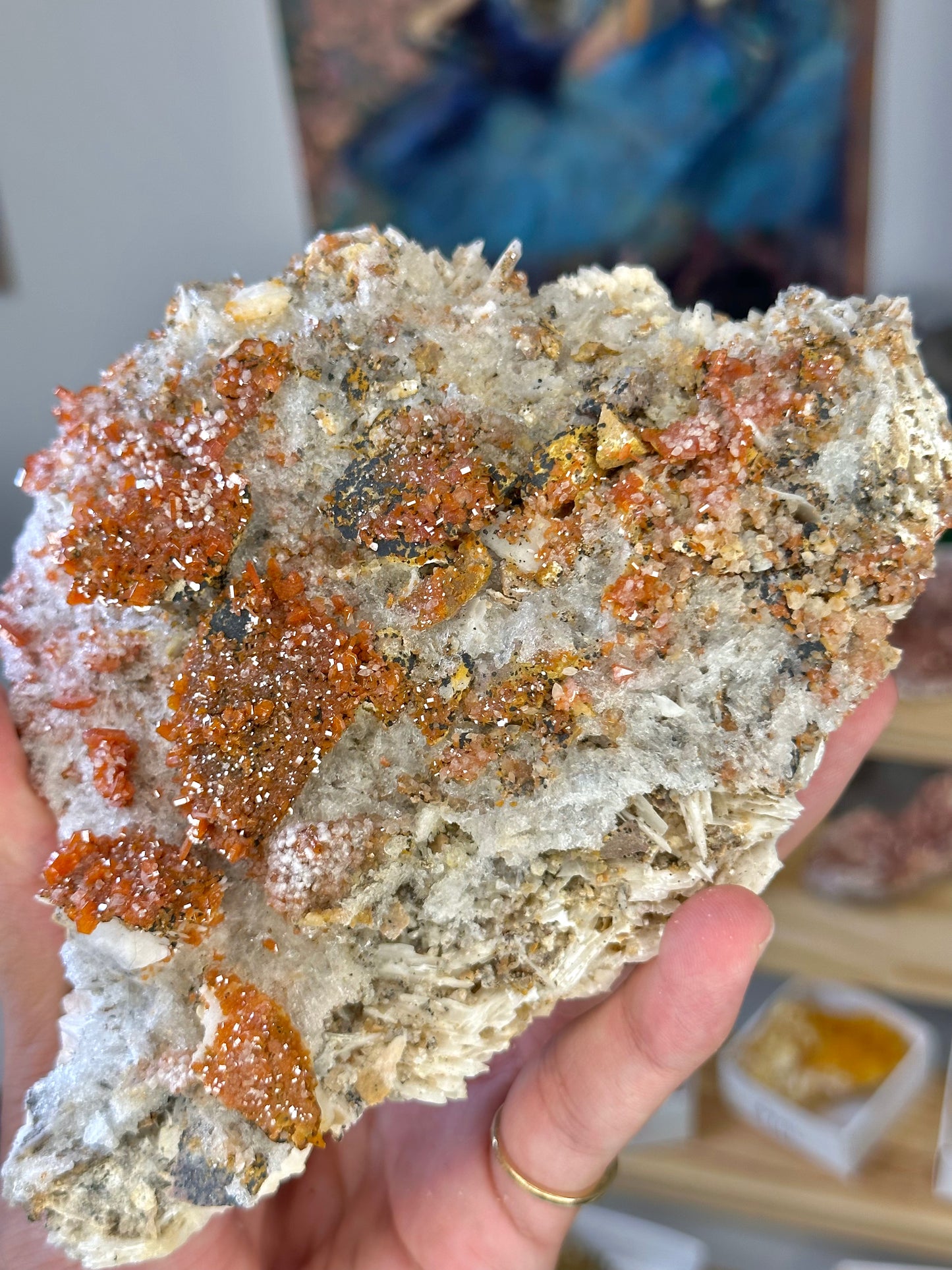 large vanadinite and calcite on barite specimen