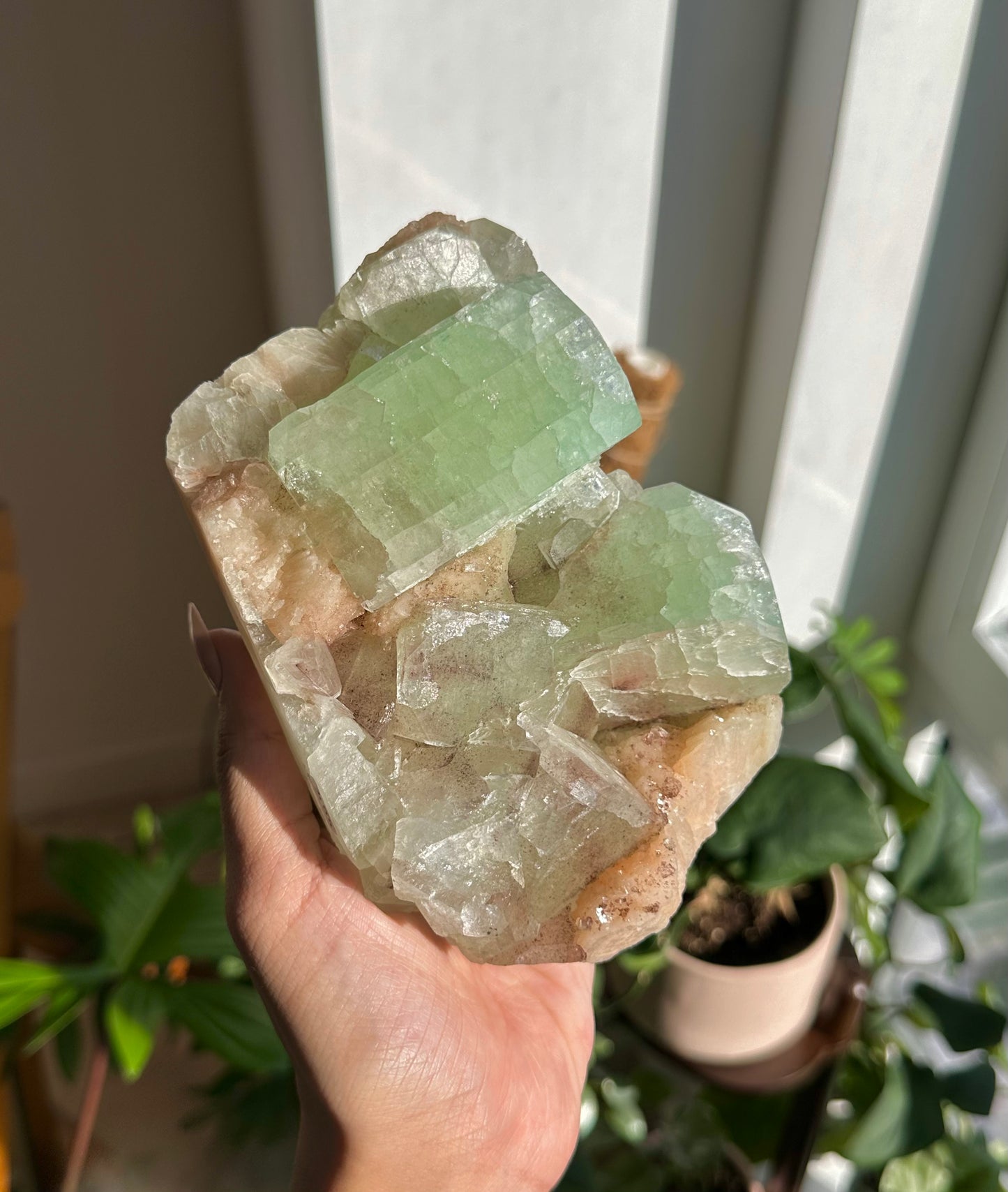 Stunning Green Apophyllite on Peach Stilbite Specimen 389